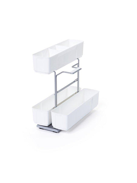 Kitchen cleaningagent under sink organizer chrome steel and white sliding pull out base cabinet storage removable carrying caddy dishwasher safe easy install