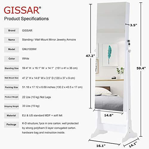 Best seller  gissar jewelry organizer full length mirror jewelry cabinet standing wall mounted jewelry armoire storage with lights lockable white