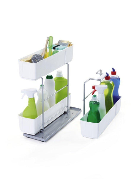 Home cleaningagent under sink organizer chrome steel and white sliding pull out base cabinet storage removable carrying caddy dishwasher safe easy install