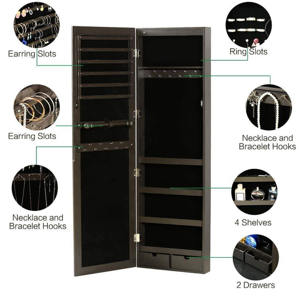 Top rated risar mirror jewelry cabinet wall door mounted jewelry armoire organizer with full length dressing mirror makeup jewelry storage brown