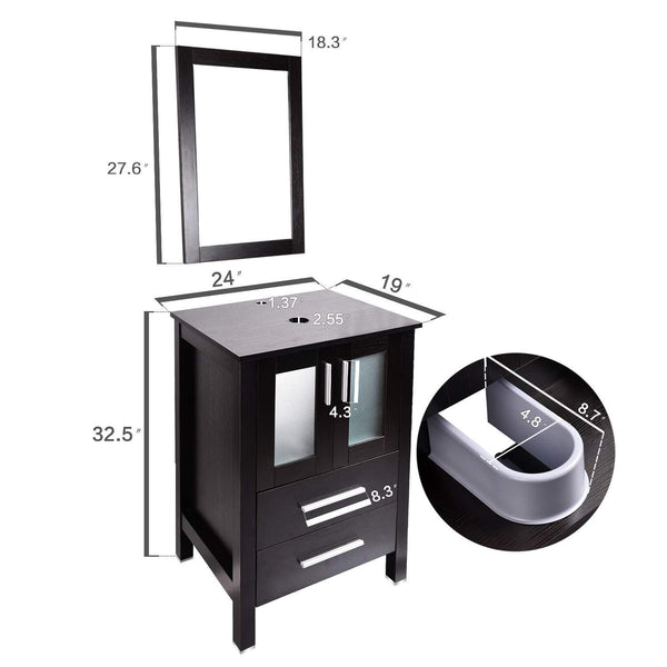 Storage organizer 24 inch bathroom vanity modern stand pedestal cabinet wood black fixture with mirror ocean blue tempered glass sink top with single faucet hole