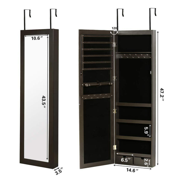 Top risar mirror jewelry cabinet wall door mounted jewelry armoire organizer with full length dressing mirror makeup jewelry storage brown