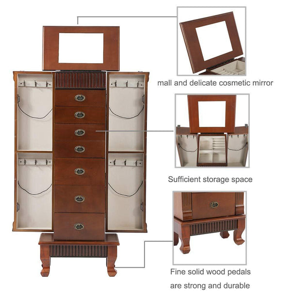 Save fdw jewelry cabinet jewelry chest jewelry armoire wood jewelry box storage stand organizer with side doors 7 drawers makeup mirror