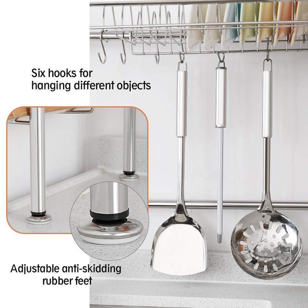 Buy nex 2 tier stainless steel drying dish rack non slip length adjustable kitchen cabinets with chopstick holder double groove