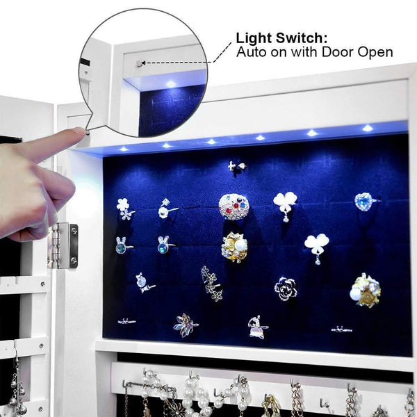 Shop songmics 6 leds mirror jewelry cabinet lockable wall door mounted jewelry armoire organizer with mirror 2 drawers pure white ujjc93w