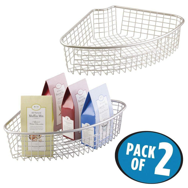 Top rated mdesign farmhouse metal kitchen cabinet lazy susan storage organizer basket with front handle large pie shaped 1 4 wedge 4 4 deep container 2 pack satin