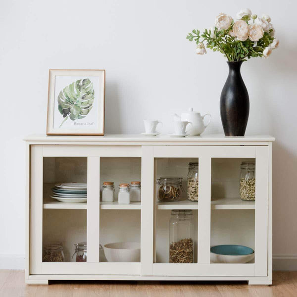 Save on costzon kitchen storage sideboard antique stackable cabinet for home cupboard buffet dining room cream white with sliding door window