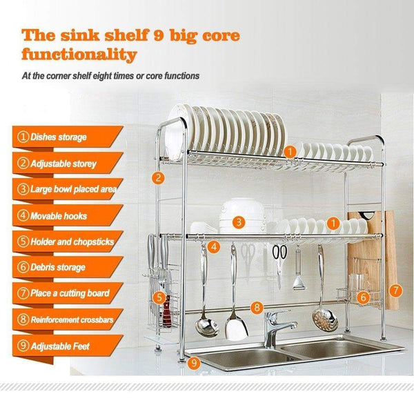 Budget friendly nex 2 tier stainless steel drying dish rack non slip length adjustable kitchen cabinets with chopstick holder double groove