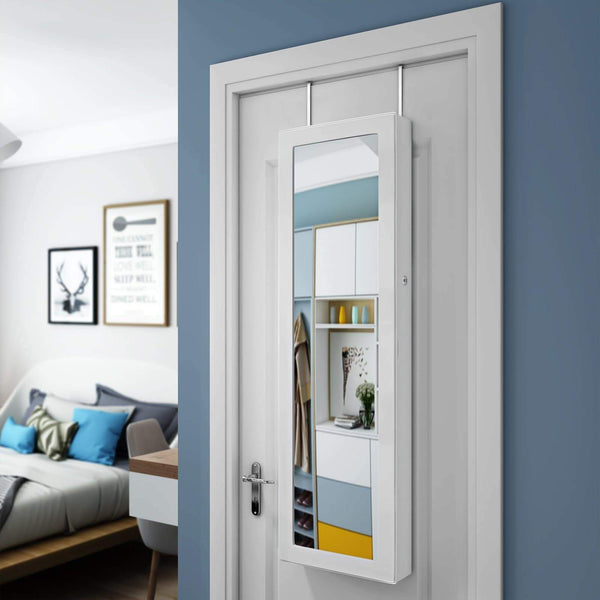 Shop here songmics 6 leds mirror jewelry cabinet lockable wall door mounted jewelry armoire organizer with mirror 2 drawers pure white ujjc93w