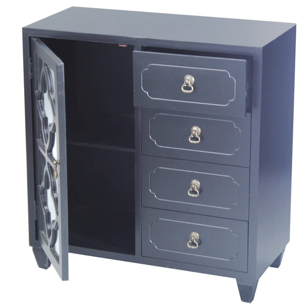 Discover heather ann creations 4 drawer wooden accent chest and cabinet clover pattern grille with glass backing 30 75h x 29 5w black