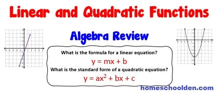 Linear and Quadratic Functions – Algebra Review Worksheets