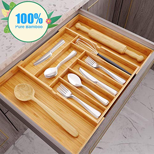 Hamonical Kitchen Bamboo Drawer Organizer, Cutlery Tray Desk Drawer Organizer Silverware Holder with Grooved Drawer Dividers for Flatware and Kitchen  100% Pure Bamboo Cutlery in Natural Color