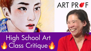 RISD Adjunct Professor Clara Lieu critiques artworks by a high school art class including drawings, paintings, collages, and mixed media artworks