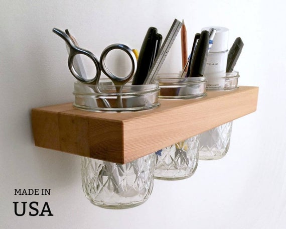 Mason Jar Organizer, Minimalist Wood Wall Mount by andrewsreclaimed