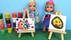 This toys dolls parody video shows toddlers Anna and Elsa at Art Class at school painting using beautiful colors