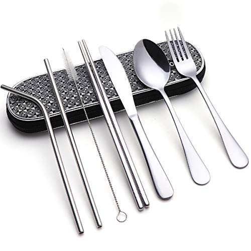 Travel Utensils,Reusable Silverware Set To Go Portable Cutlery Set with a Waterproof Carrying Case for Lunch Boxes Workplace Camping School Picnic (Grey diamond Grid)