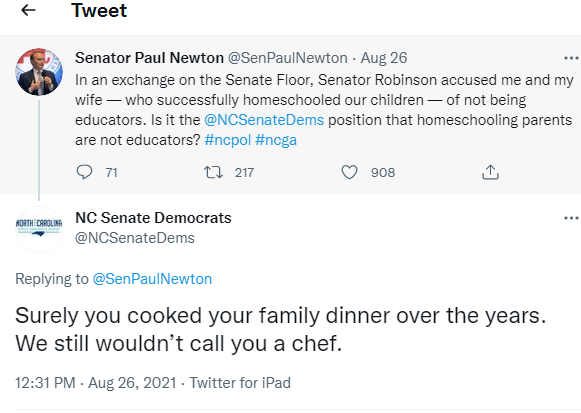On Twitter NC Senate Democrats Say Homeschool Parents Are Not Educators