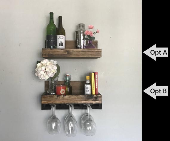 Wood Wine Rack Shelf & Stemware Glass Holder Rustic Organizer Ledge Unique Bar Decor Bar Shelves by DistressedMeNot