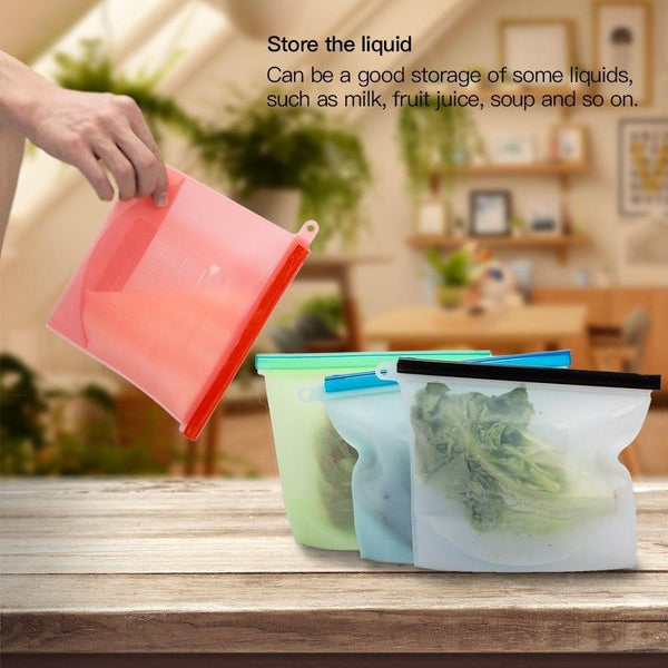 4 Pcs/set Reusable Refrigerator Fresh Bags Kitchen Food Sealing Storage Bag Silicone Fruit Meat Ziplock Kitchen Organizer