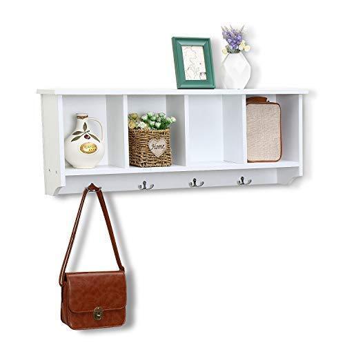 Top rated love furniture floating shelf coat rack wall mounted cabinets hanging entryway shelf w 4 hooks storage cubbies organizer white
