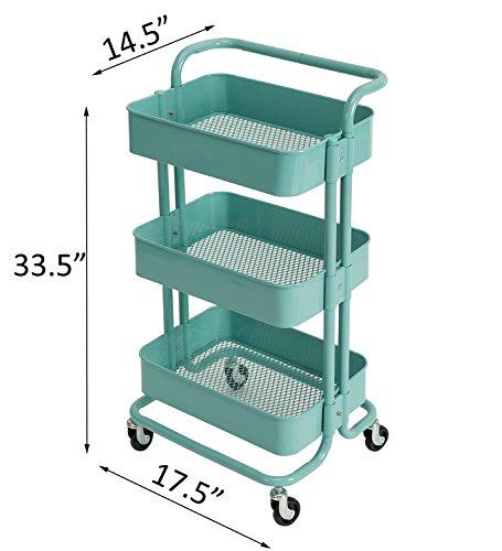 DOEWORKS Storage Cart 3 Tier Metal Utility Cart Organizer Cart with Wheels Small Art Cart Turquoise