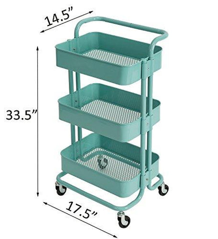 DOEWORKS Storage Cart 3 Tier Metal Utility Cart Organizer Cart with Wheels Small Art Cart Turquoise