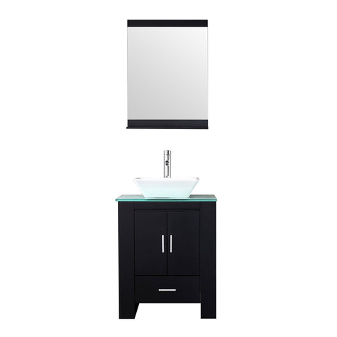 Top rated walcut 24 inch bathroom vanity and sink combo modern black mdf cabinet ceramic vessel sink with faucet and pop up drain mirror tempered glass counter top