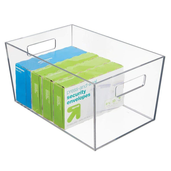 Storage organizer mdesign plastic storage bin with handles for office desk book shelf filing cabinet organizer for sticky notes pens notepads pencils supplies 12 long 6 pack clear