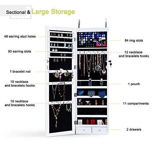 Storage homevibes jewelry cabinet jewelry armoire 6 leds mirrored makeup lockable door wall mounted jewelry organizer hanging storage mirror with 2 drawers white