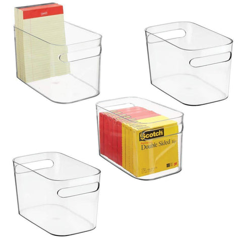 The best mdesign plastic home office bin holder storage office organization container with handles for cabinets drawers desks workspace for pens pencils highlighters notebooks 4 pack clear