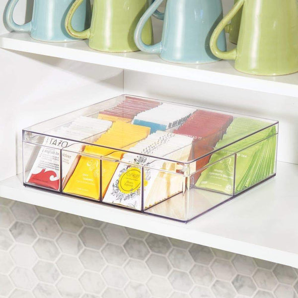 Budget mdesign tea storage organizer box 8 divided sections easy view hinged lid use in kitchen pantry and cabinets holder for tea bags packets small items and accessories bpa free 2 pack clear