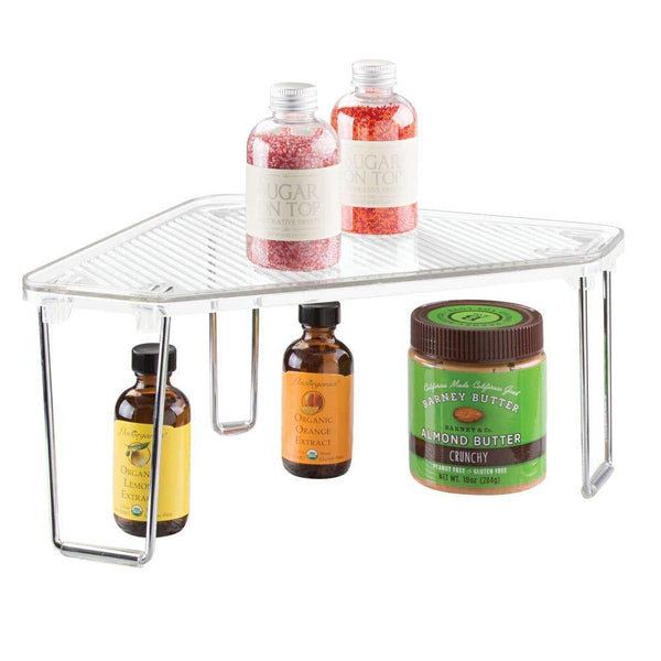 Get mdesign corner plastic metal freestanding stackable organizer shelf for kitchen countertop pantry or cabinet for storing plates mugs bowls canned goods baking supplies 4 pack clear chrome