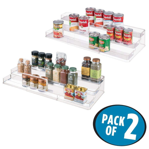 Get mdesign large plastic adjustable expandable kitchen cabinet pantry shelf organizer spice rack with 3 tiered levels of storage for spice bottles jars seasonings baking supplies 2 pack clear