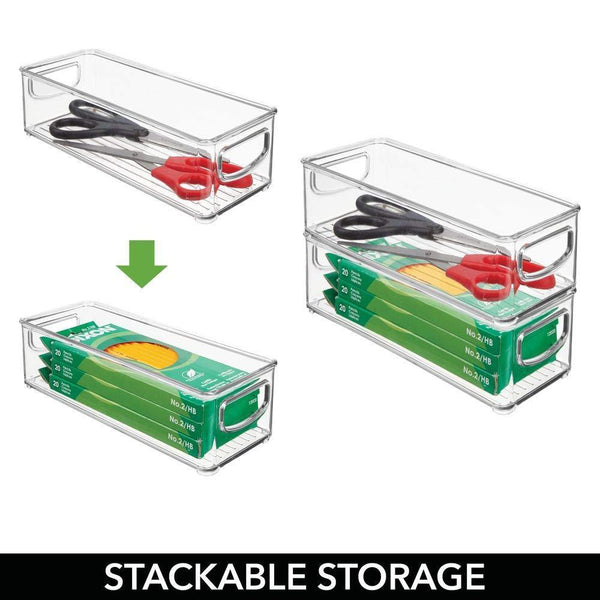 Organize with mdesign stackable plastic office storage organizer container with handles for cabinets drawers desks workspace bpa free for pens pencils highlighters tape 10 long 4 pack clear