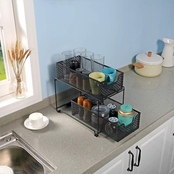 On amazon 2 tier organizer baskets with mesh sliding drawers ideal cabinet countertop pantry under the sink and desktop organizer for bathroom kitchen office