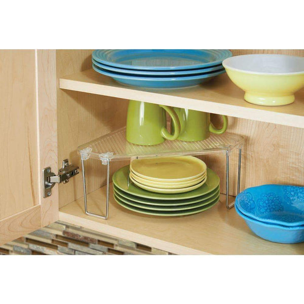 Heavy duty mdesign corner plastic metal freestanding stackable organizer shelf for kitchen countertop pantry or cabinet for storing plates mugs bowls canned goods baking supplies 4 pack clear chrome