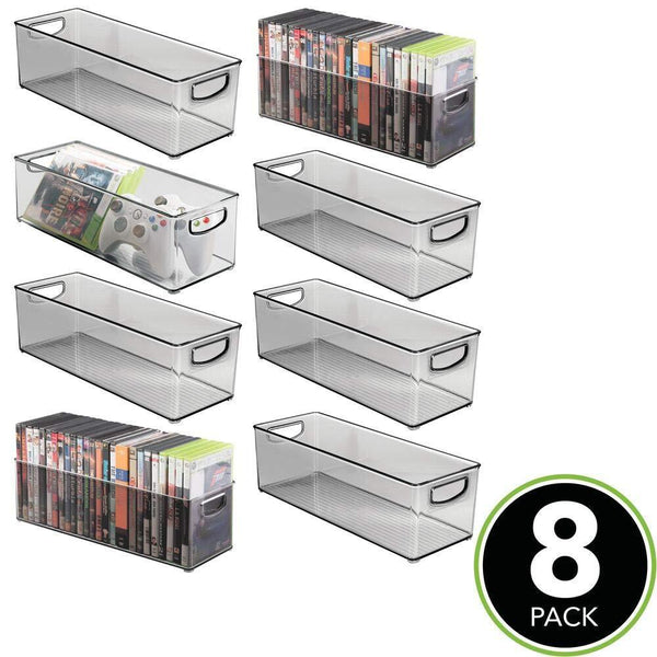 Top rated mdesign plastic stackable household storage organizer container bin with handles for media consoles closets cabinets holds dvds video games gaming accessories head sets 8 pack smoke gray