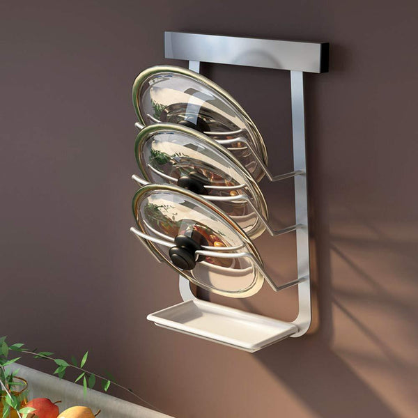 Pot Lid Rack with Draining Board Stainless Steel Wall Mounted Self Adhesive Pan Cover Storage Holder for Kitchen Utensil Tool Organizer