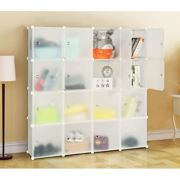 Home honey home modular storage cube closet organizers portable plastic diy wardrobes cabinet shelving with easy closed doors for bedroom office kitchen garage 16 cubes white