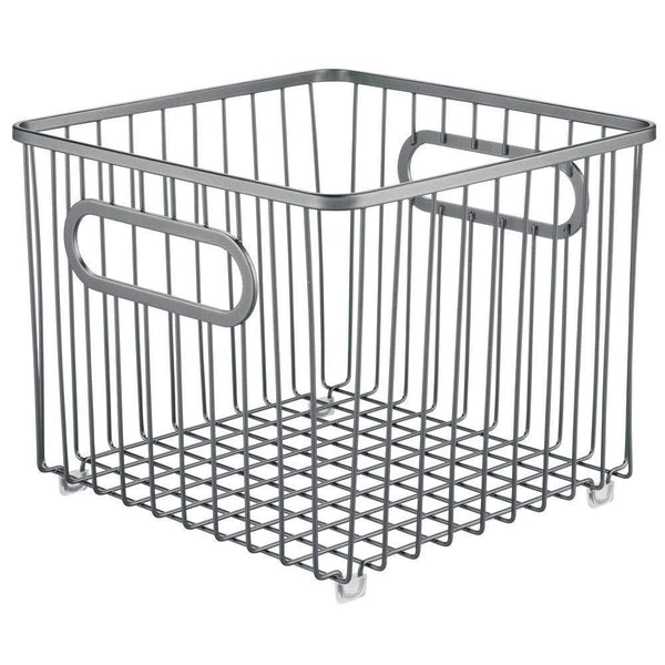 Heavy duty mdesign metal farmhouse kitchen pantry food storage organizer basket bin wire grid design for cabinet cupboard shelf countertop holds potatoes onions fruit square 2 pack graphite gray