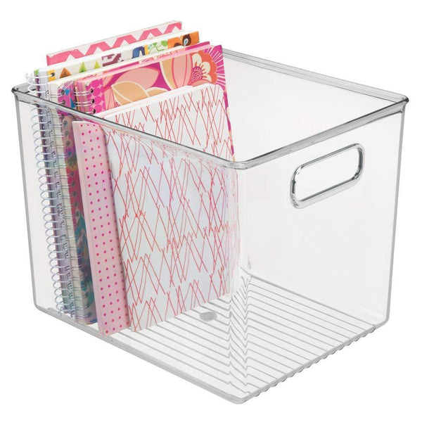 Save mdesign plastic storage bin with handles for office desk book shelf filing cabinet organizer for sticky notes pens notepads pencils supplies bpa free 10 long 4 pack clear