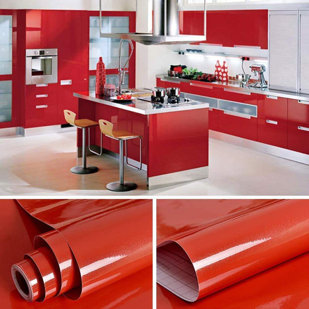 Save yenhome 24 x 393 glossy red self adhesive vinyl contact paper for cabinets covering kitchen table drawer and shelf liner removable self adhesive wallpaper for furniture wardrobe decor