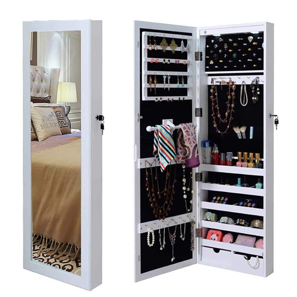 Amazon best giantex wall door mounted jewelry armoire organizer with 2 led lights lockable height adjustable jewelry cabinet with full length mirror large capacity dressing makeup jewelry mirror storage white