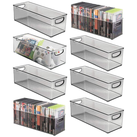 Shop here mdesign plastic stackable household storage organizer container bin with handles for media consoles closets cabinets holds dvds video games gaming accessories head sets 8 pack smoke gray