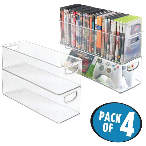 Top rated mdesign plastic stackable household storage organizer container bin with handles for media consoles closets cabinets holds dvds video games gaming accessories head sets 4 pack clear