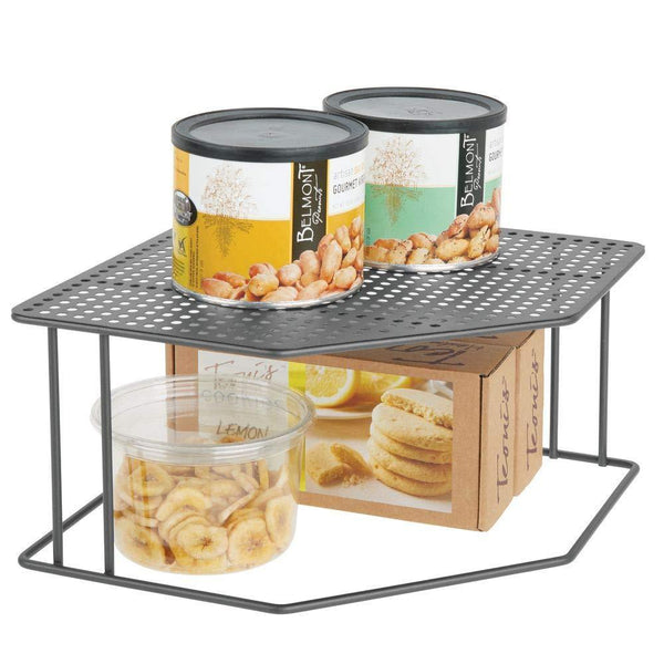 Amazon best mdesign rustic decorative metal corner shelf 2 tier raised storage organizer for kitchen cabinet pantry shelf counter holds dishes baking supplies canned goods spices 2 pack graphite gray
