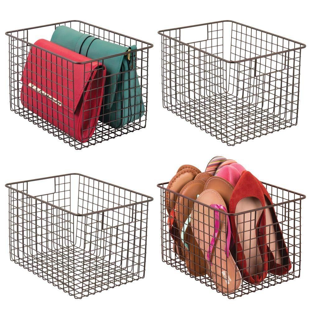 Top rated mdesign large farmhouse deco metal wire storage organizer basket bin with handles for organizing closets shelves and cabinets in bedrooms bathrooms entryways hallways 8 high 4 pack bronze