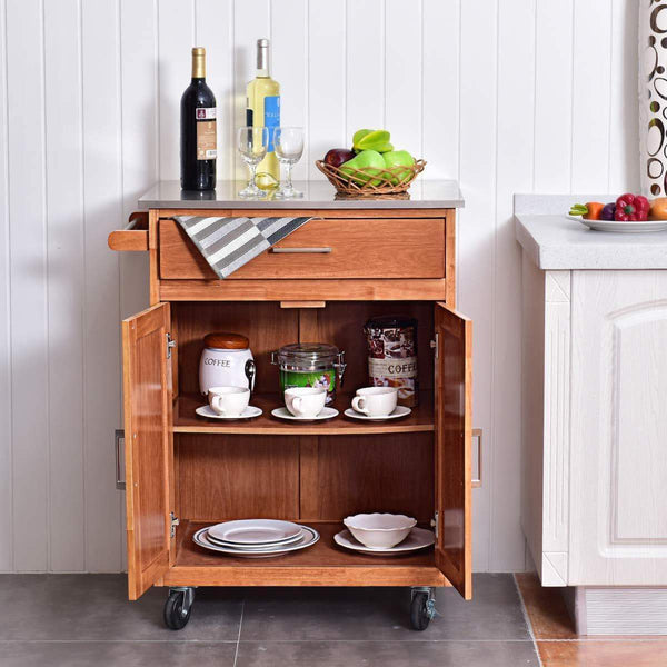 Budget friendly giantex wood kitchen trolley cart rolling kitchen island cart with stainless steel top storage cabinet drawer and towel rack