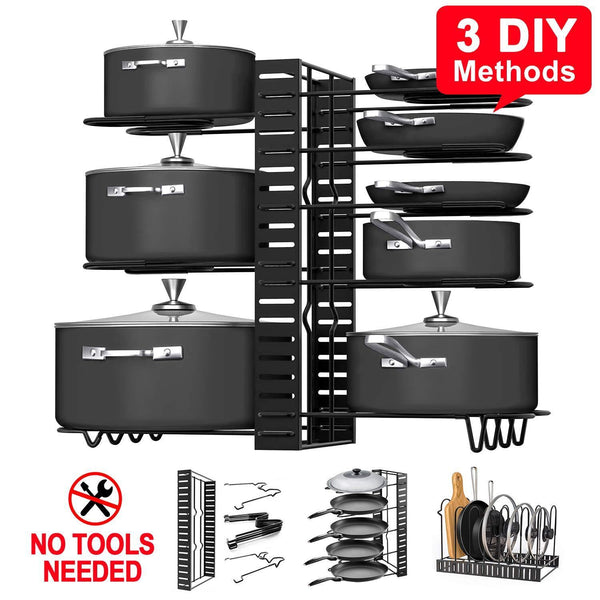 Get pot rack organizers g ting 8 tiers pots and pans organizer adjustable pot lid holders pan rack for kitchen counter and cabinet lid organizer for pots and pans with 3 diy methods2019 upgraded