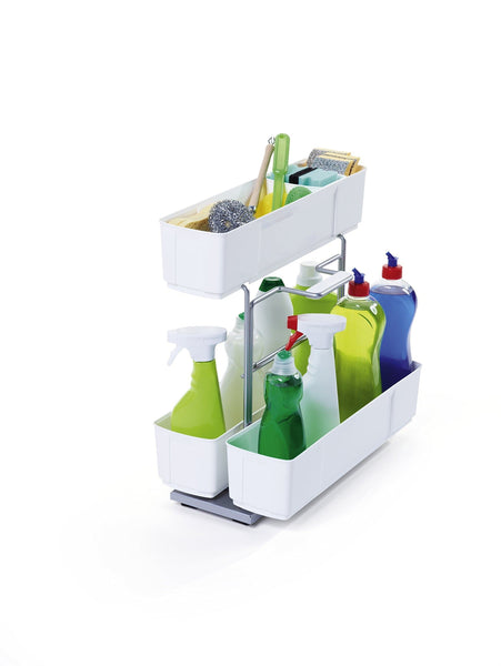 Great cleaningagent under sink organizer chrome steel and white sliding pull out base cabinet storage removable carrying caddy dishwasher safe easy install